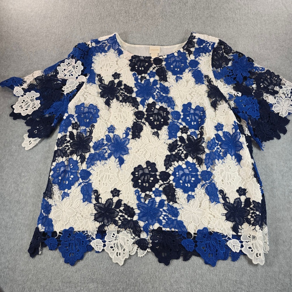 Chicos Lace Overlay Blouse Top 3 Blue White Navy Floral Bell Sleeve